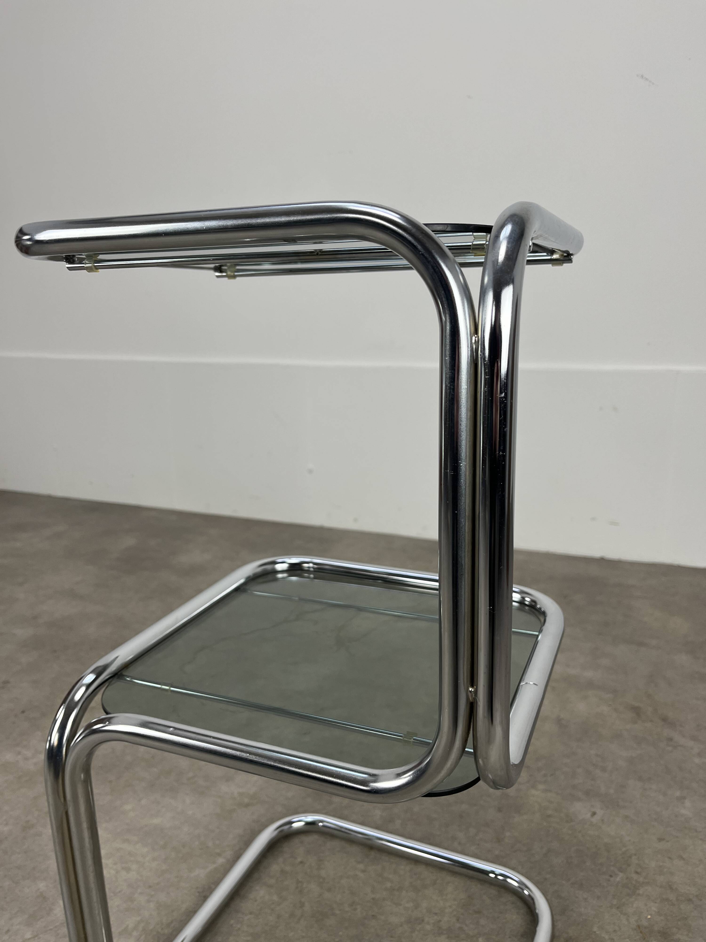 70s pedestal table, chrome and smoked glass side table