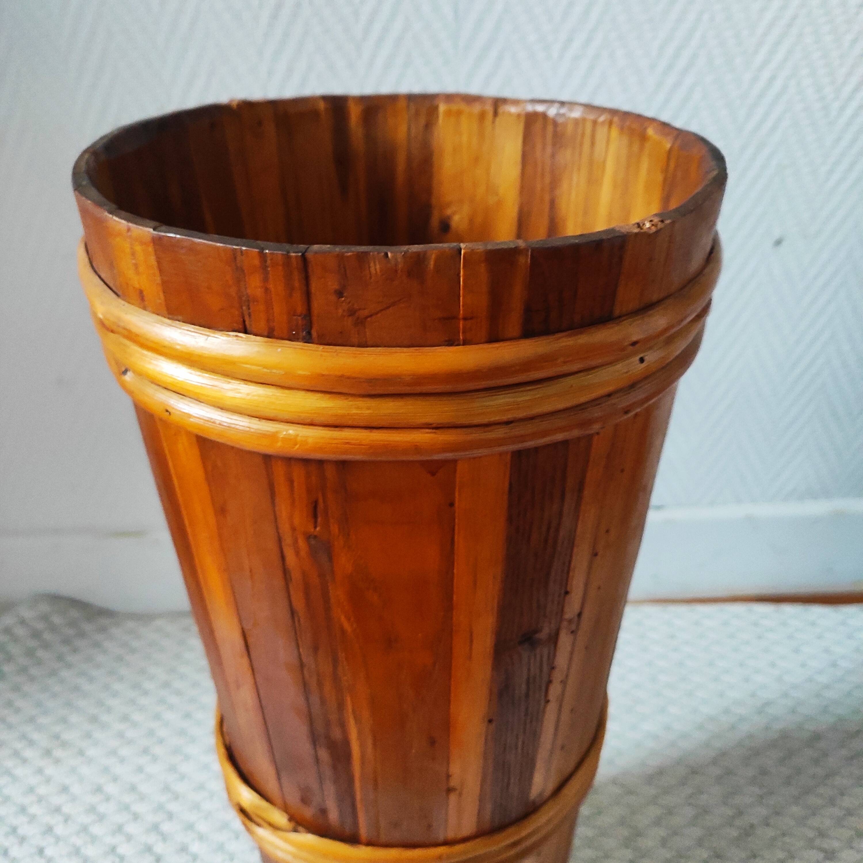 Vintage wooden and rattan umbrella stand