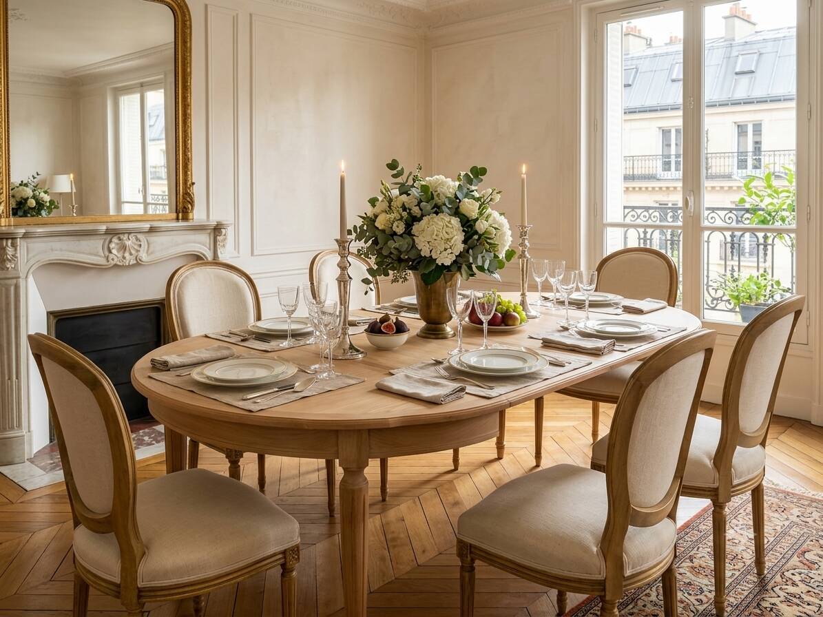 Extendable round table in renovated Louis XVI style, made of light wood, with 2 extensions.