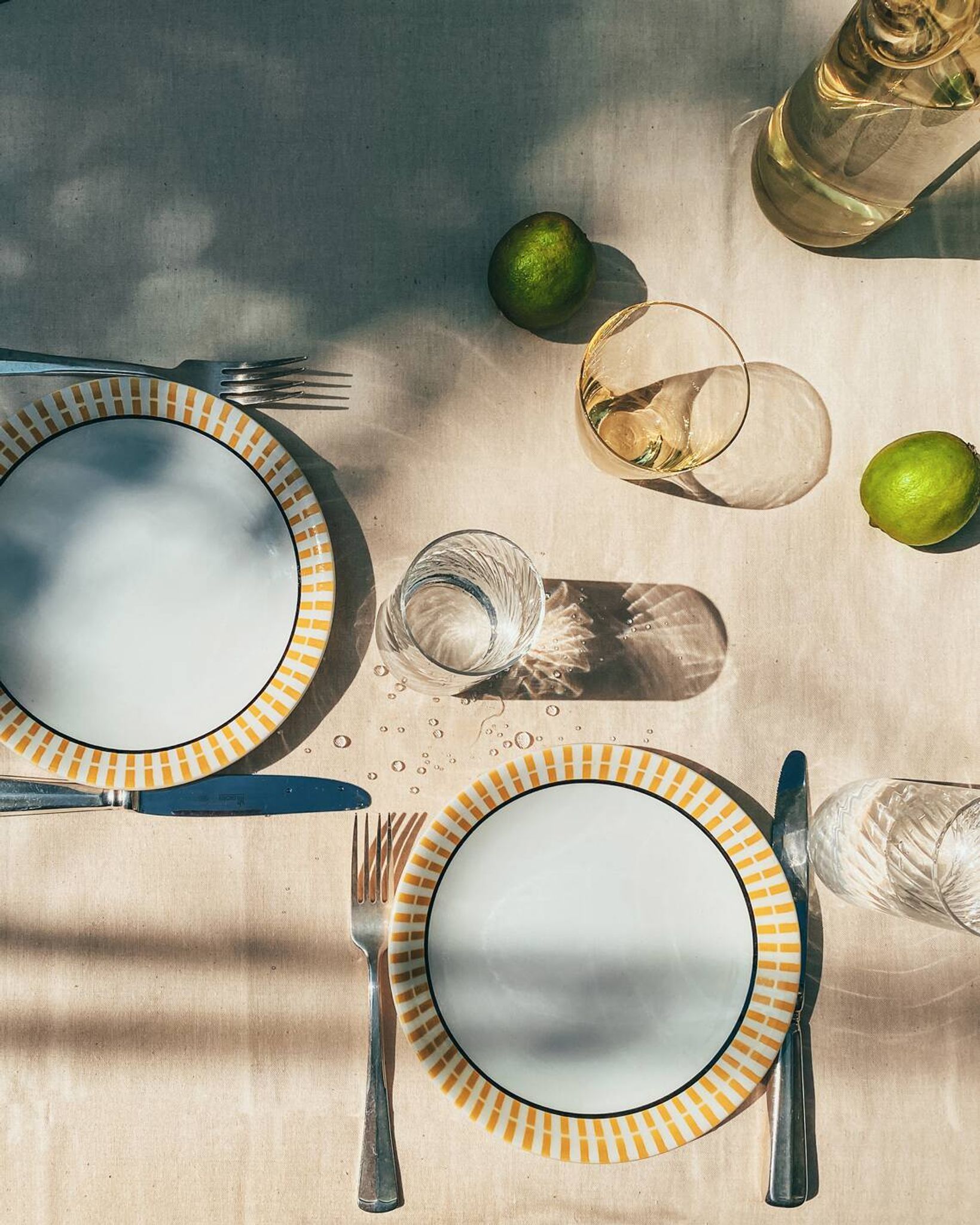 French Country Style Hand Painted Breakfast Plates with Yellow Stripes, Set of 8