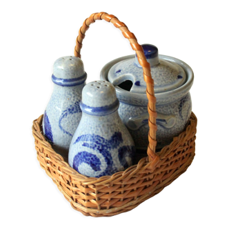 1960s old german ceramic cruet set on a wood and wicker tray, vintage