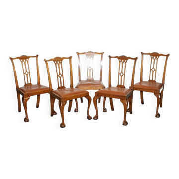 Chippendale Style Dining Chairs with Leather Seats, Set of 5