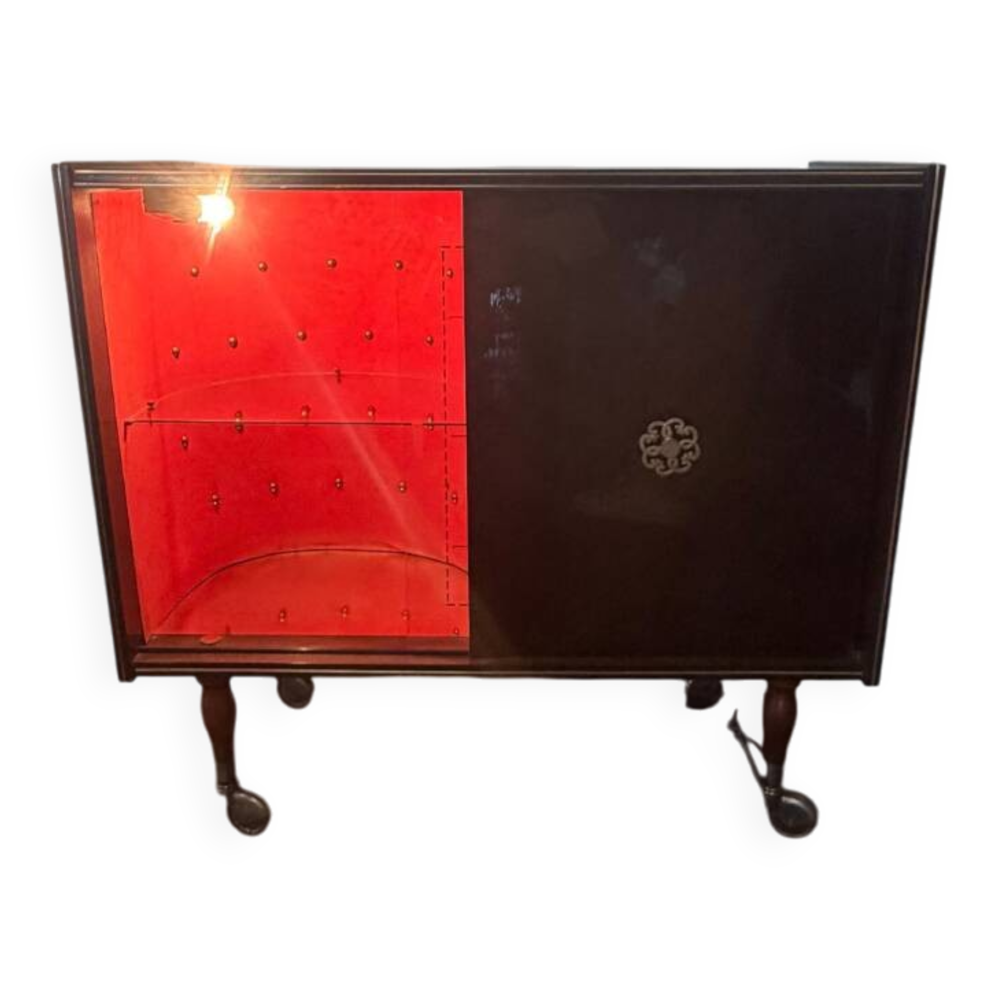 Large vintage bar cabinet from the 50s/60s – illuminated, sliding doors, on wheels.