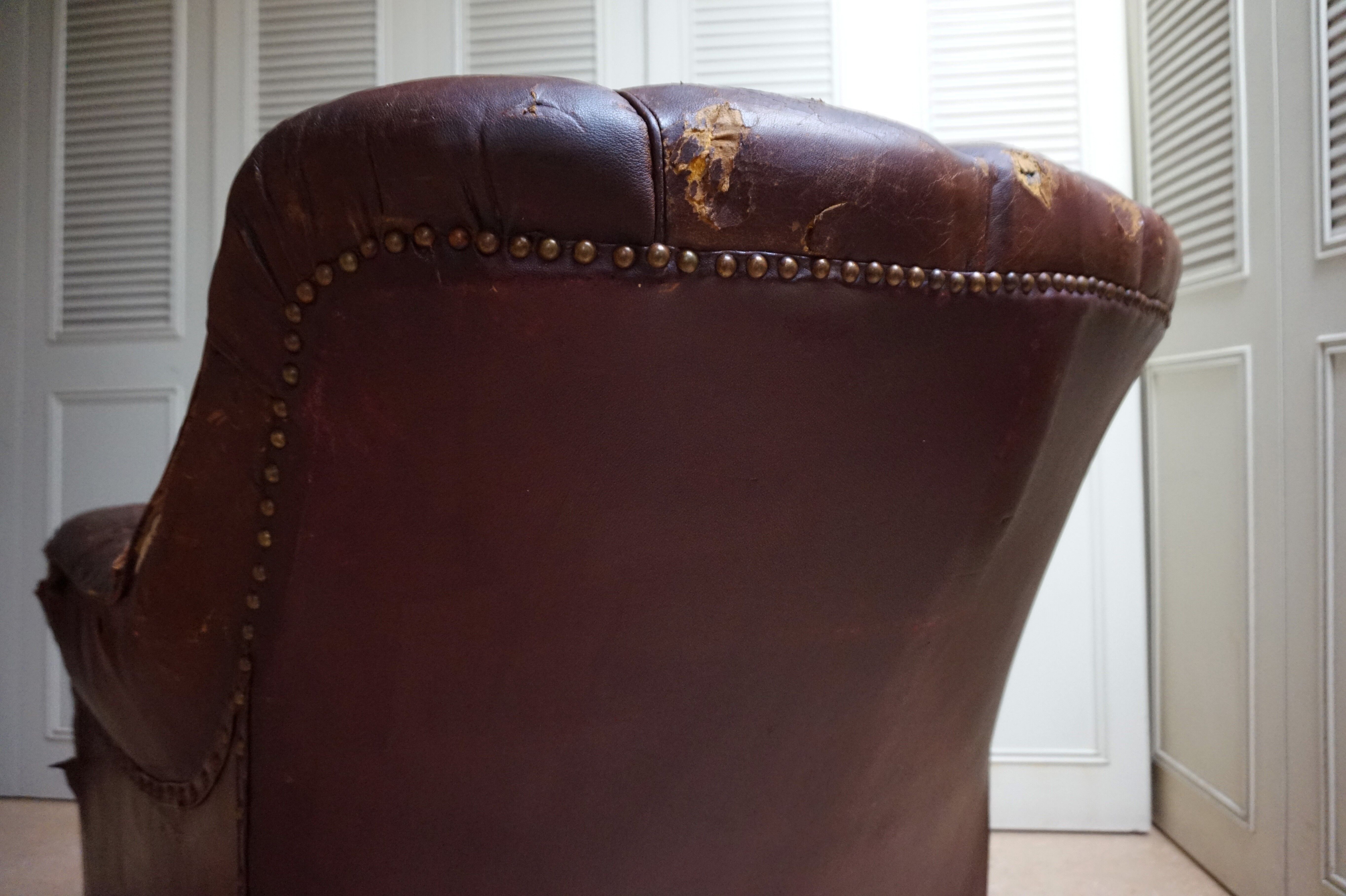 Worn Leather Buttoned Library Fireside Armchair, 1840's