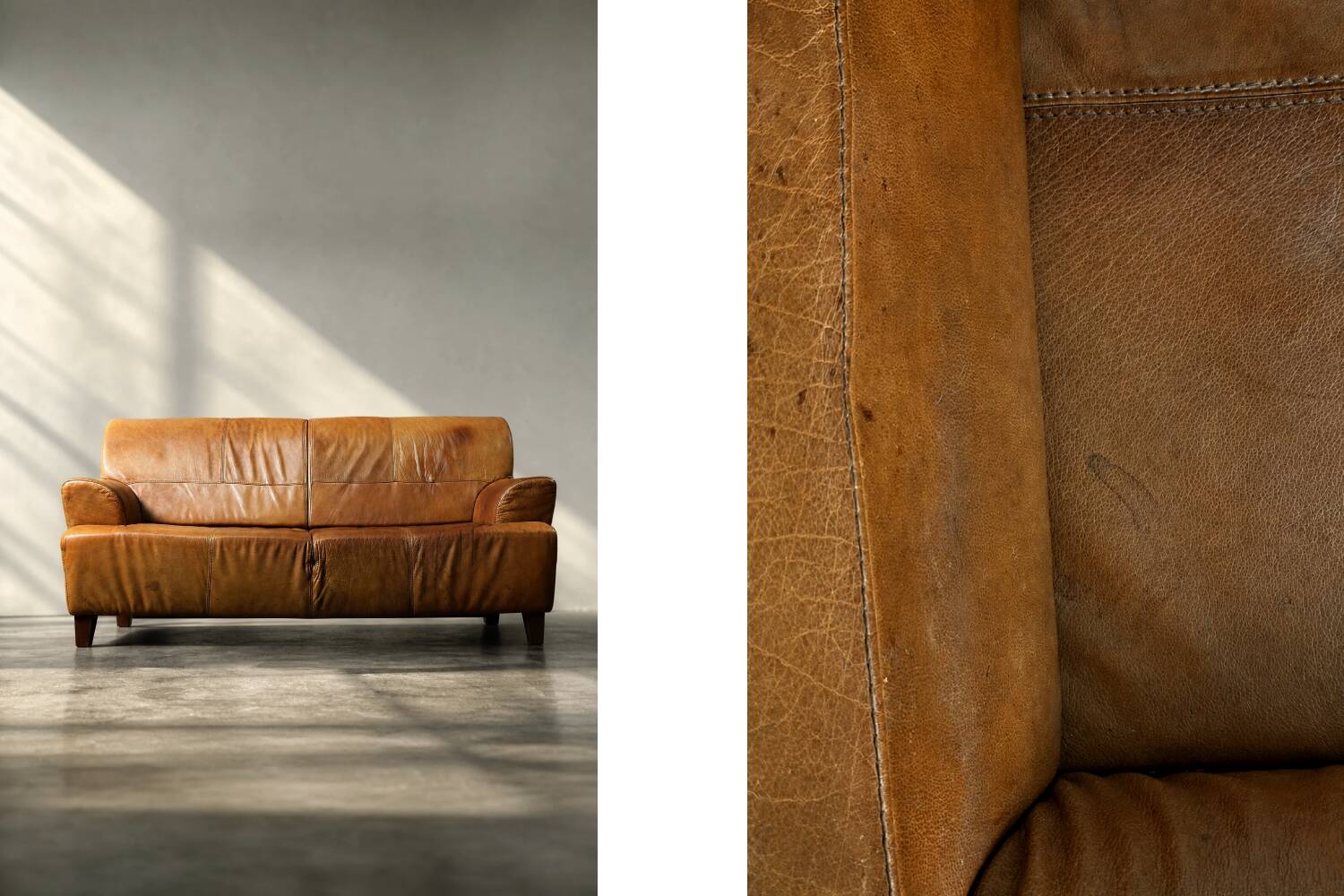 Canapé 3 places en cuir marron industriel vintage des années 1960, style mid-century modern