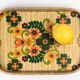 1970s floral patterned tray in rattan and plastic
