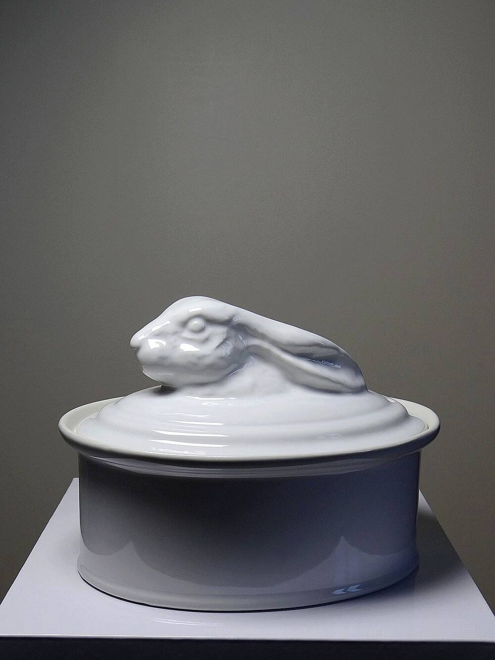 Large vintage white earthenware terrine with hare or rabbit head