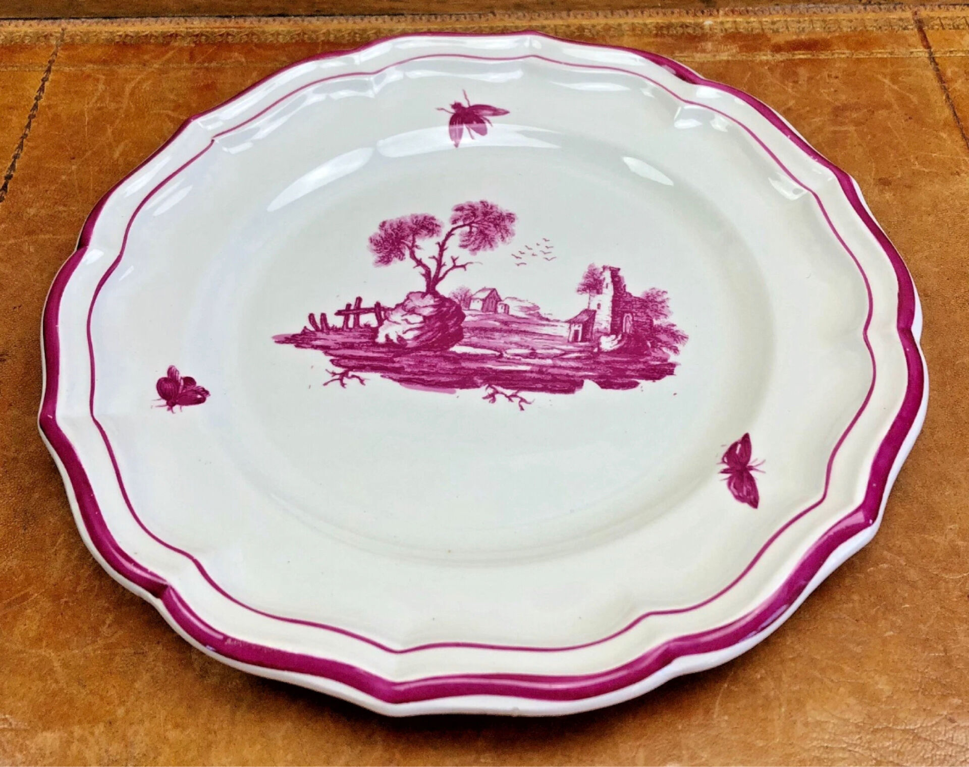 6 old flat table plates, Gien earthenware, pink landscape model.