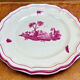 6 old flat table plates, Gien earthenware, pink landscape model.