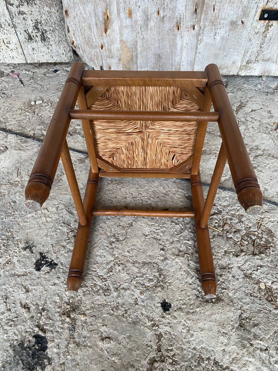 Vintage Wooden Stool with Woven Seat #D502