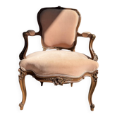 Fauteuil ancien style Louis XV - tissu rose poudré