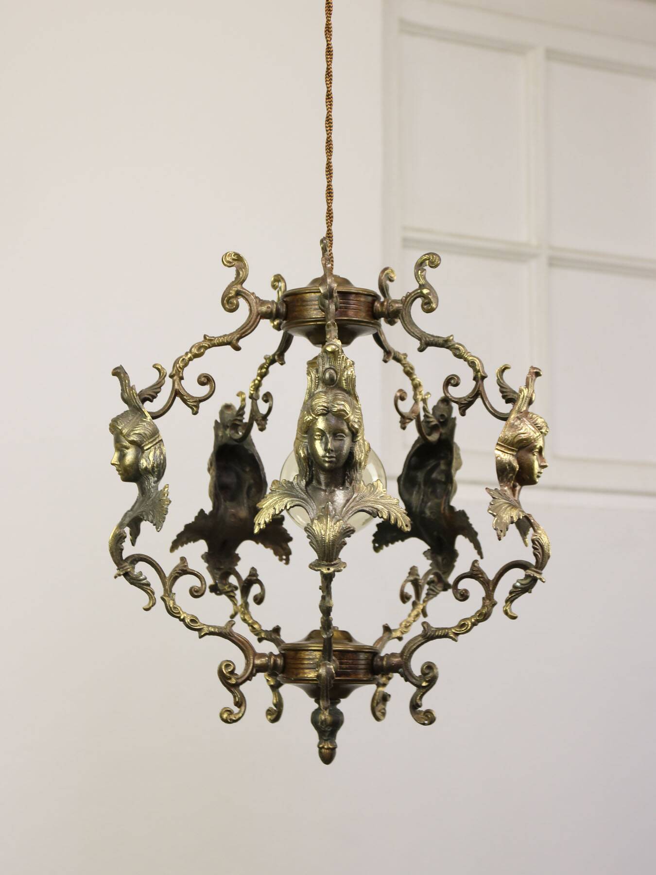 Vintage Patinated Bronze Figural Pendant Lamp