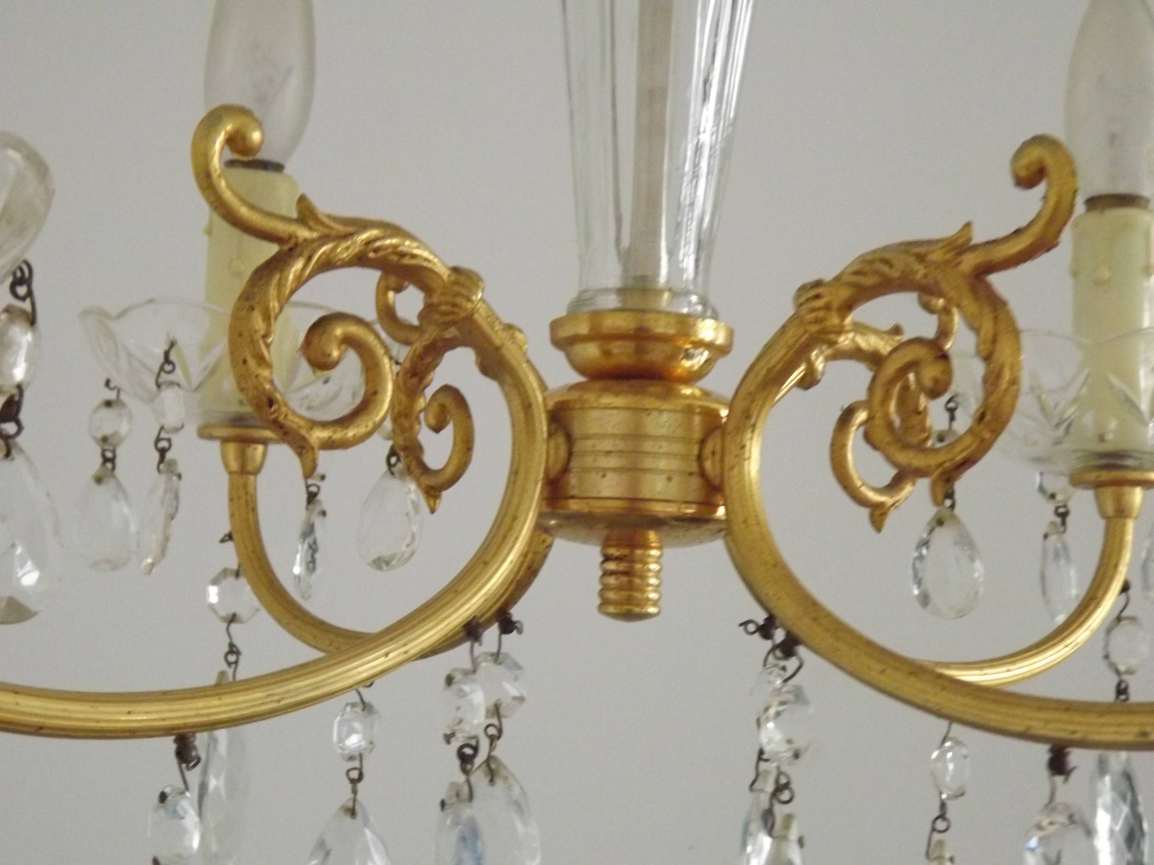 Mid-century brass, glass, and crystal chandelier with 4 lights 5099