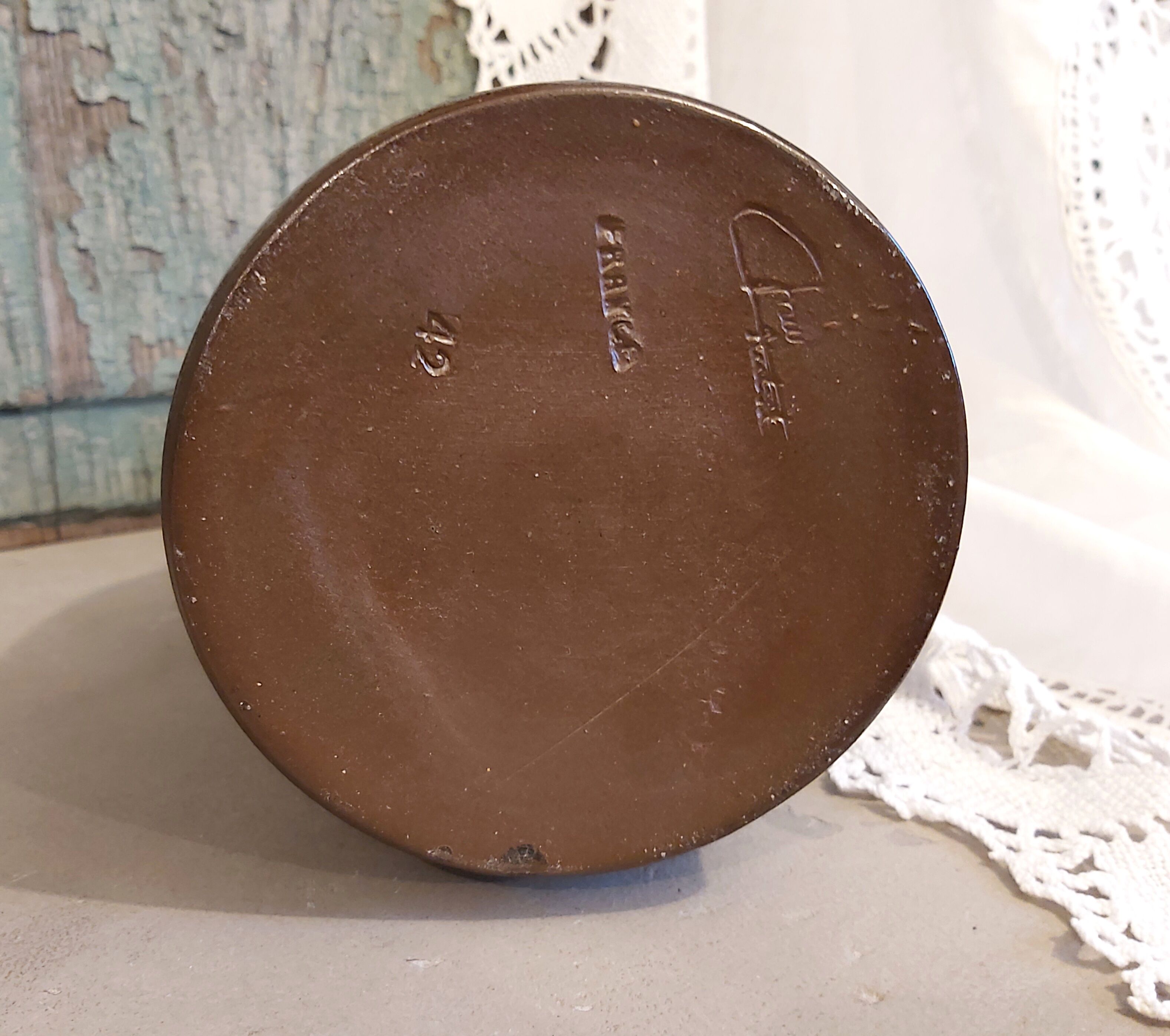Vintage French clay carafe, glazed in different blues