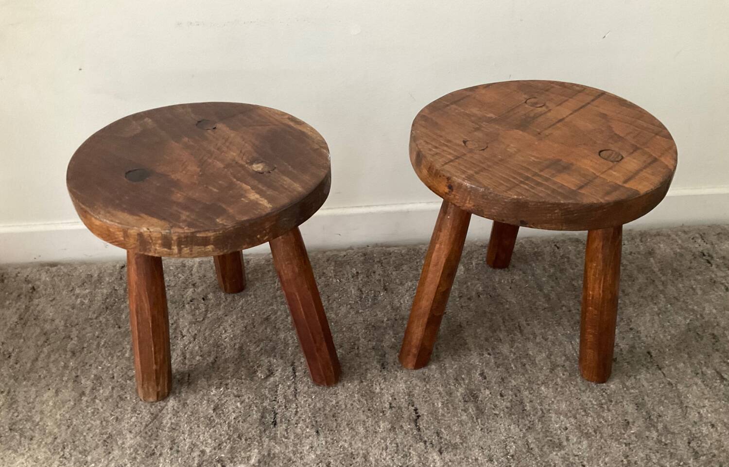 Pair of wooden tripod foot stools