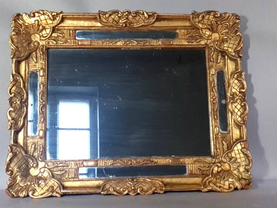 Antique mirror with carved wood frame and original gilding, 69x53 cm, C820.