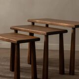 Vintage Oak Nesting Tables (Set of 3) – Rustic Modernist Side Tables, 1970s
