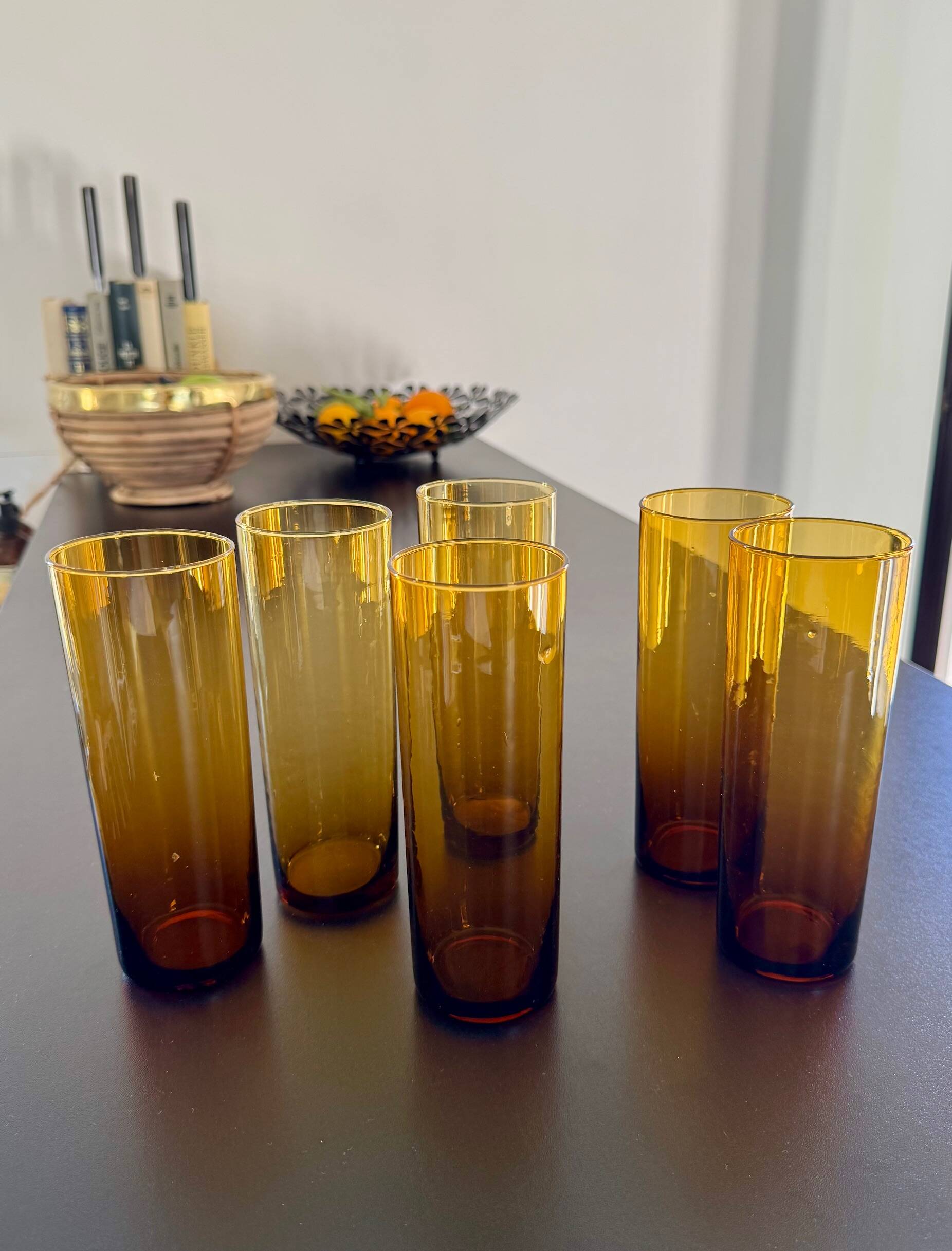 6 amber glasses