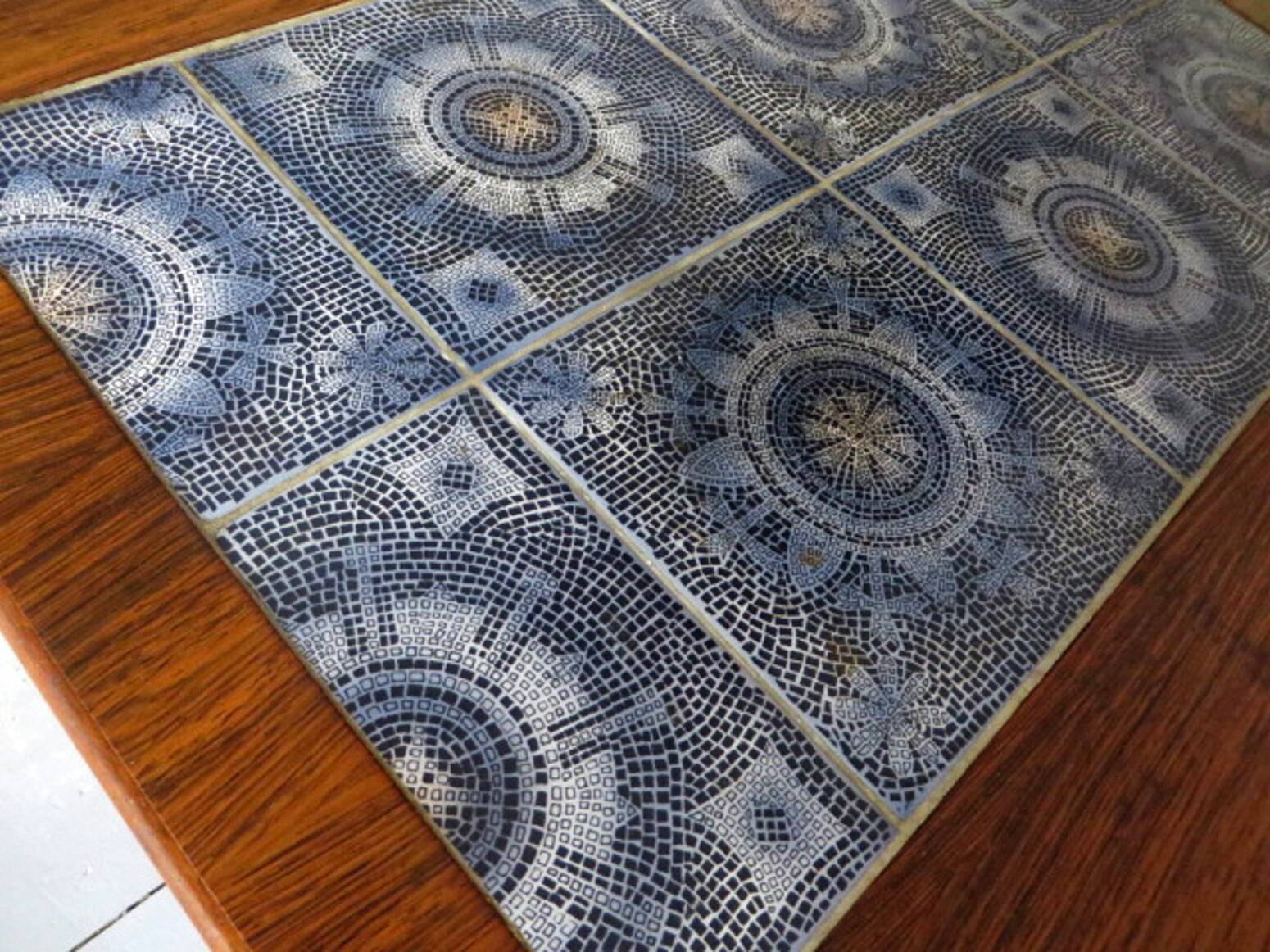 Rosewood coffee table with blue ceramic tiles, Denmark 1960s