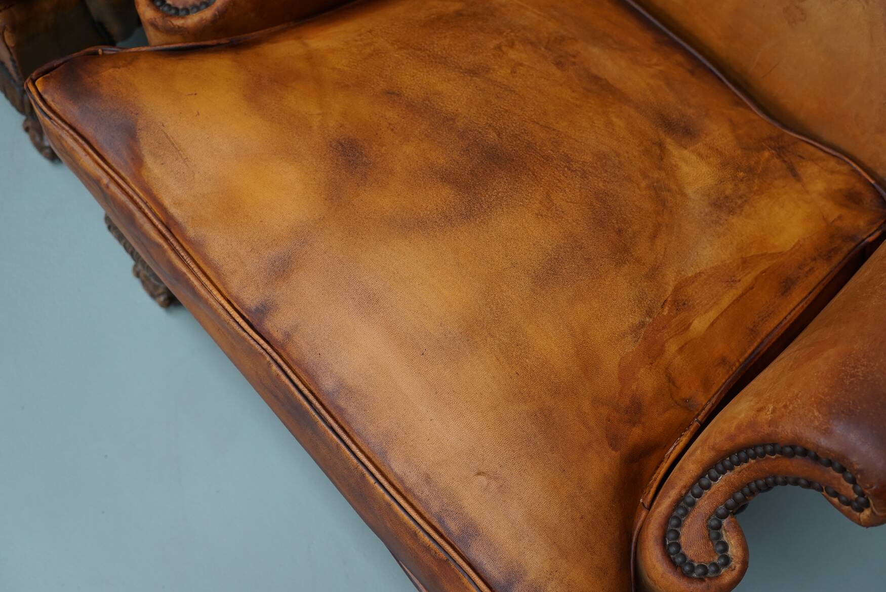 Old Patinated Dutch Cognac Colored Leather Club Chair, Set of 2