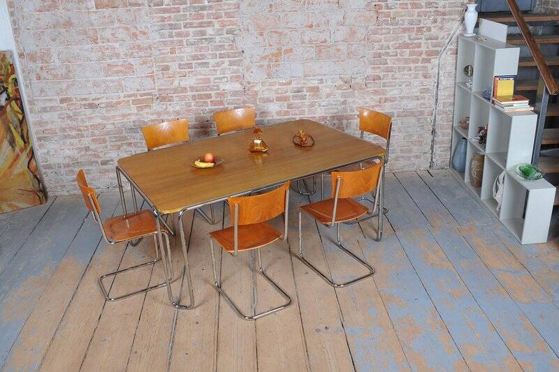 Bauhaus Dining Table, attributed to R. Slezák, Chrome, Polished Oak, Czech, 1930s