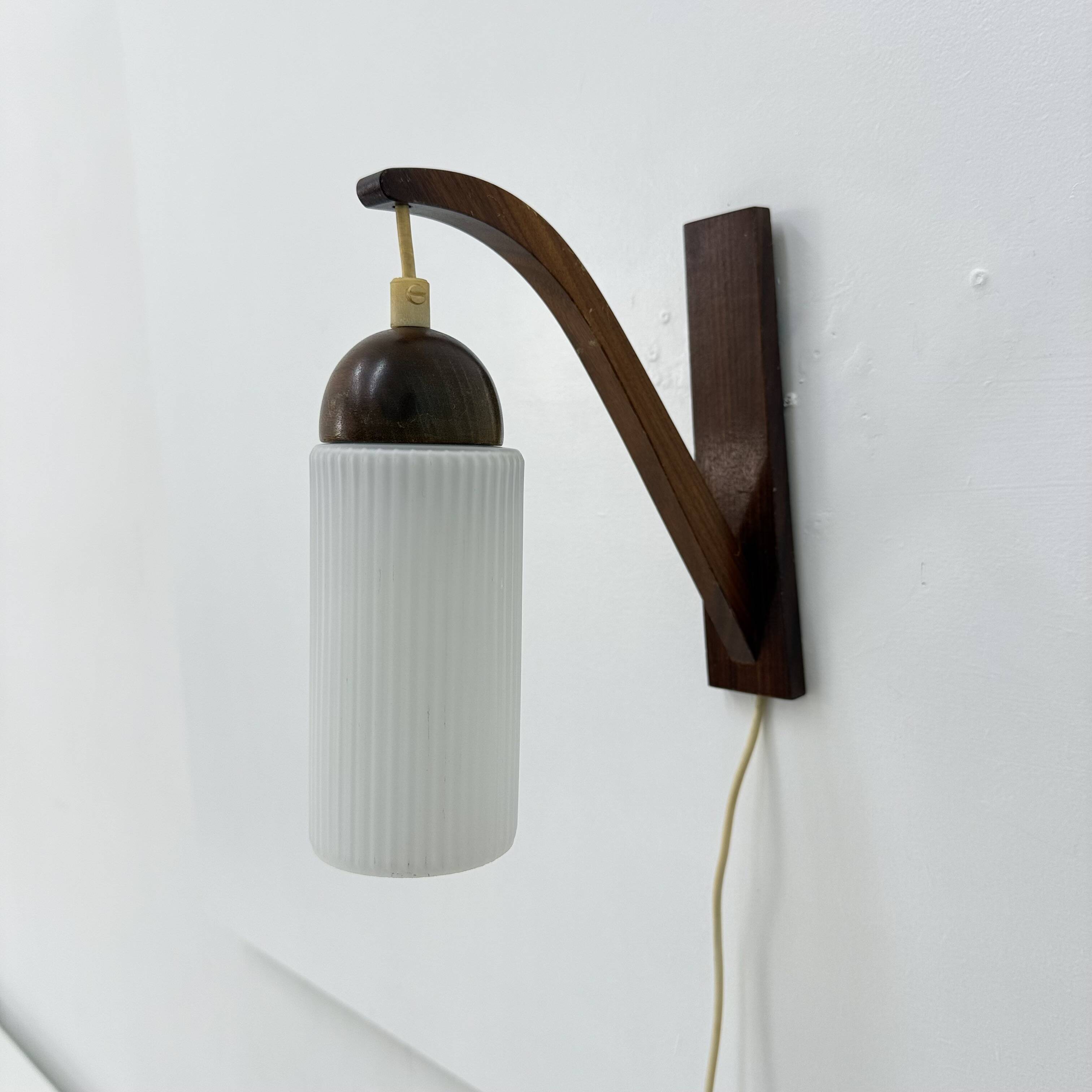 Vintage Scandinavian wall lamp with teak and opaline glass shade , 1960s