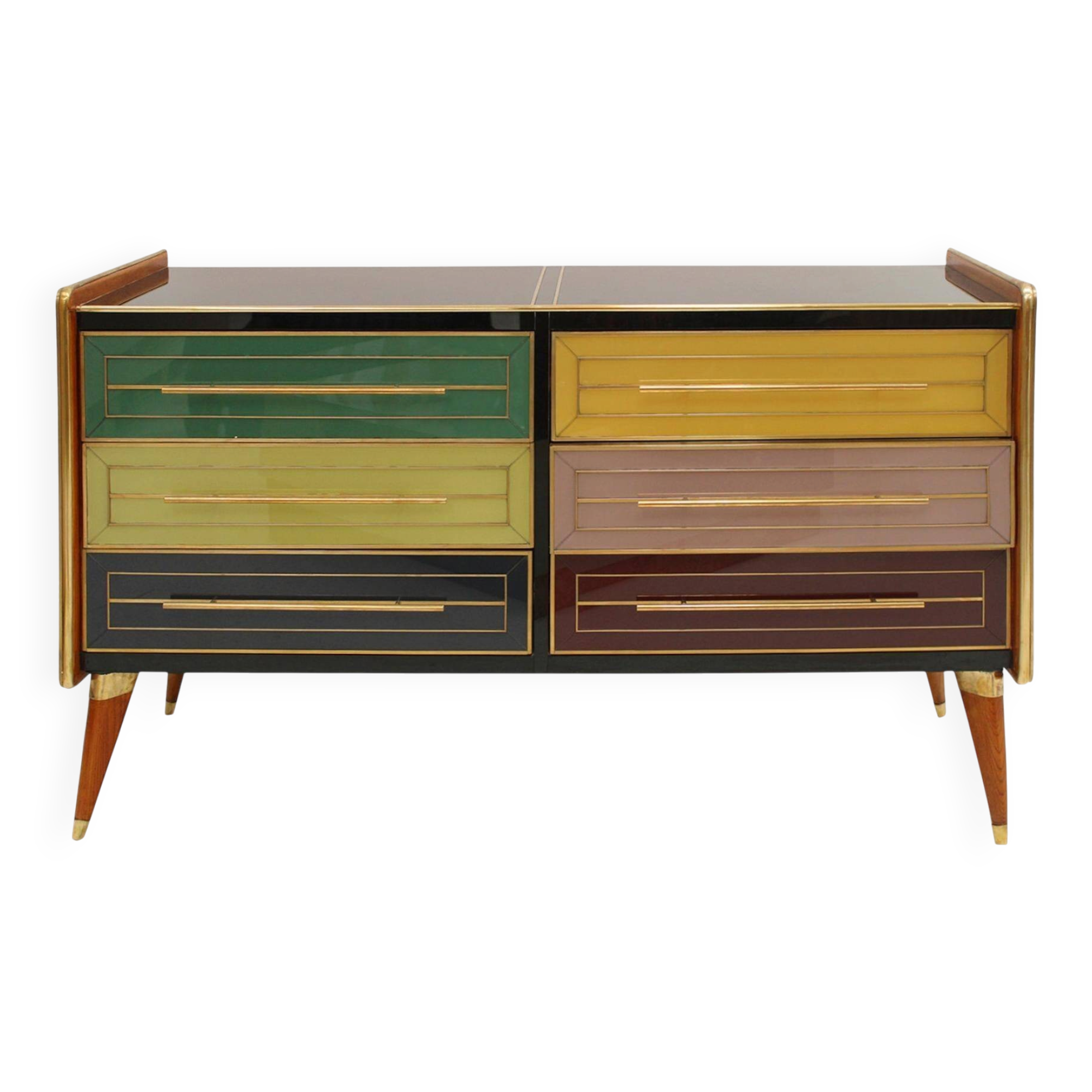 Italain Sideboard Made Of Solid Wood And Covered With Colored Glass 1950S