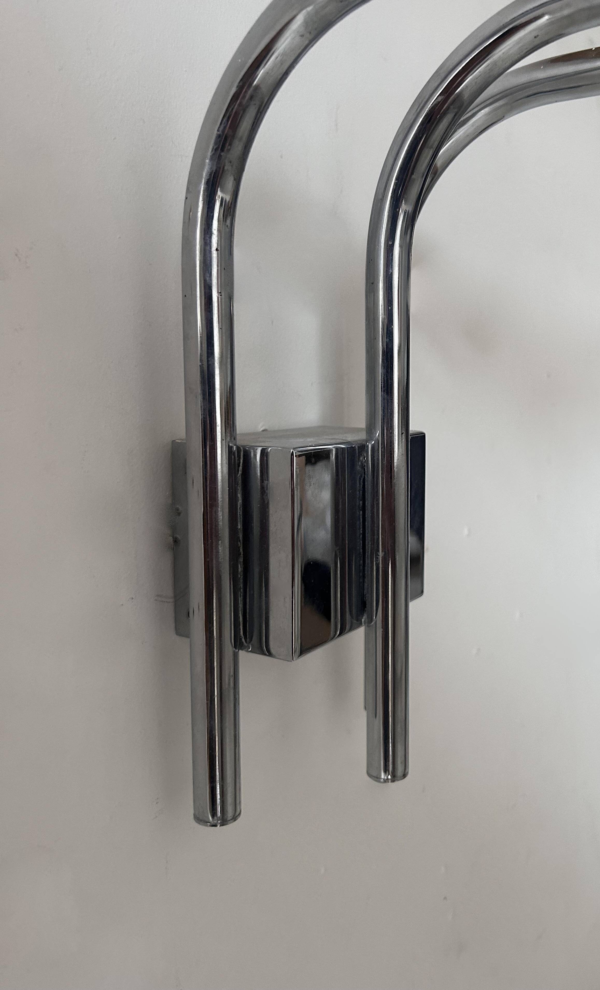 Pair of vintage Lumière Studio glass wall lights, chrome-plated metal, France 1970