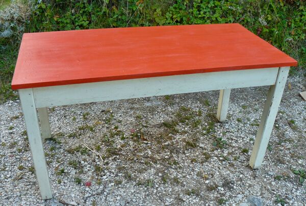 Table de cuisine vintage 1950 bois peint orange et blanc