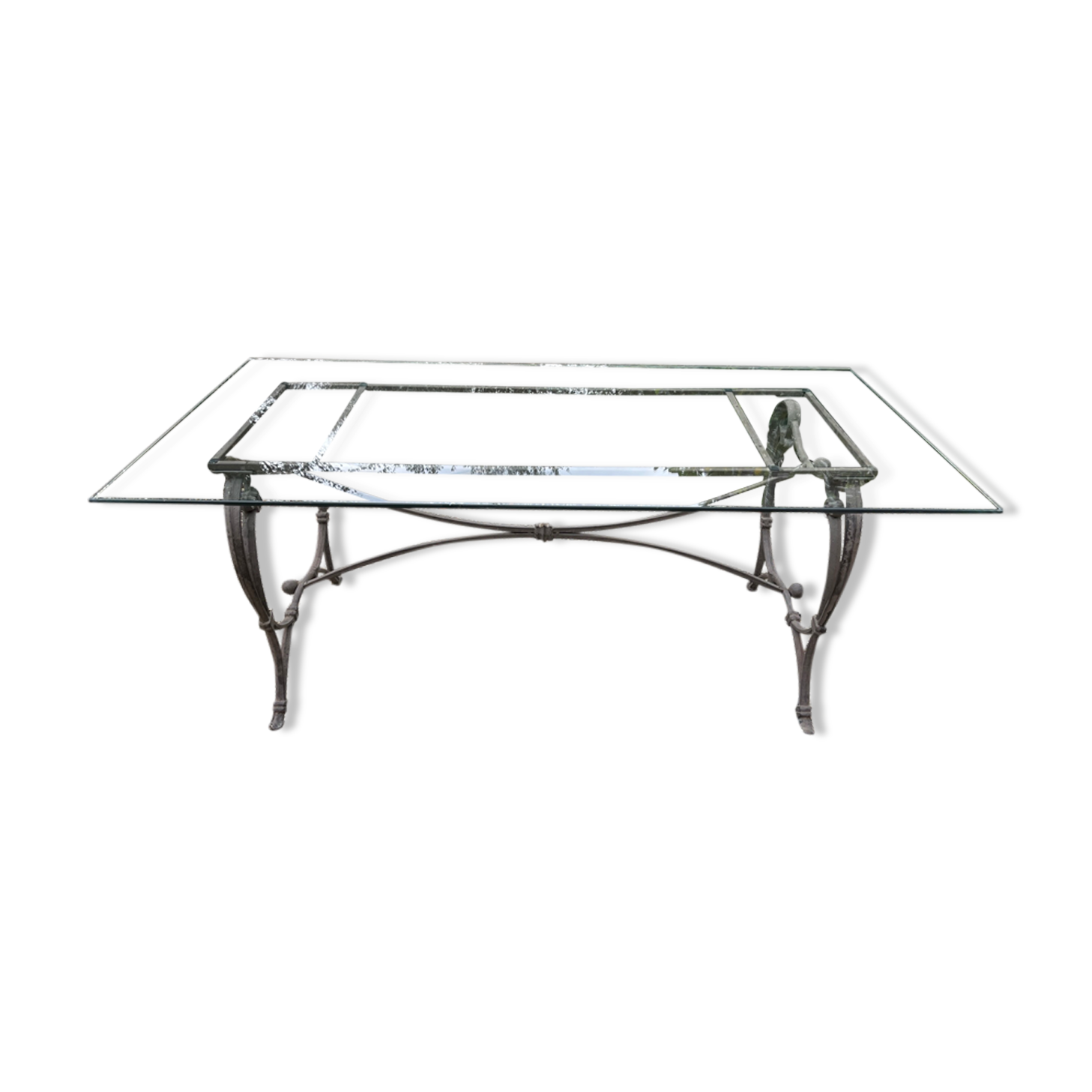 Table en verre et fer forgé, intérieur et extérieur