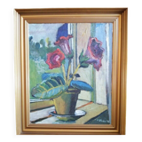 Vintage 20th Century Impressionist Still Life Oil Painting of a Vase of Flowers