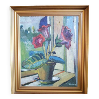 Vintage 20th Century Impressionist Still Life Oil Painting of a Vase of Flowers