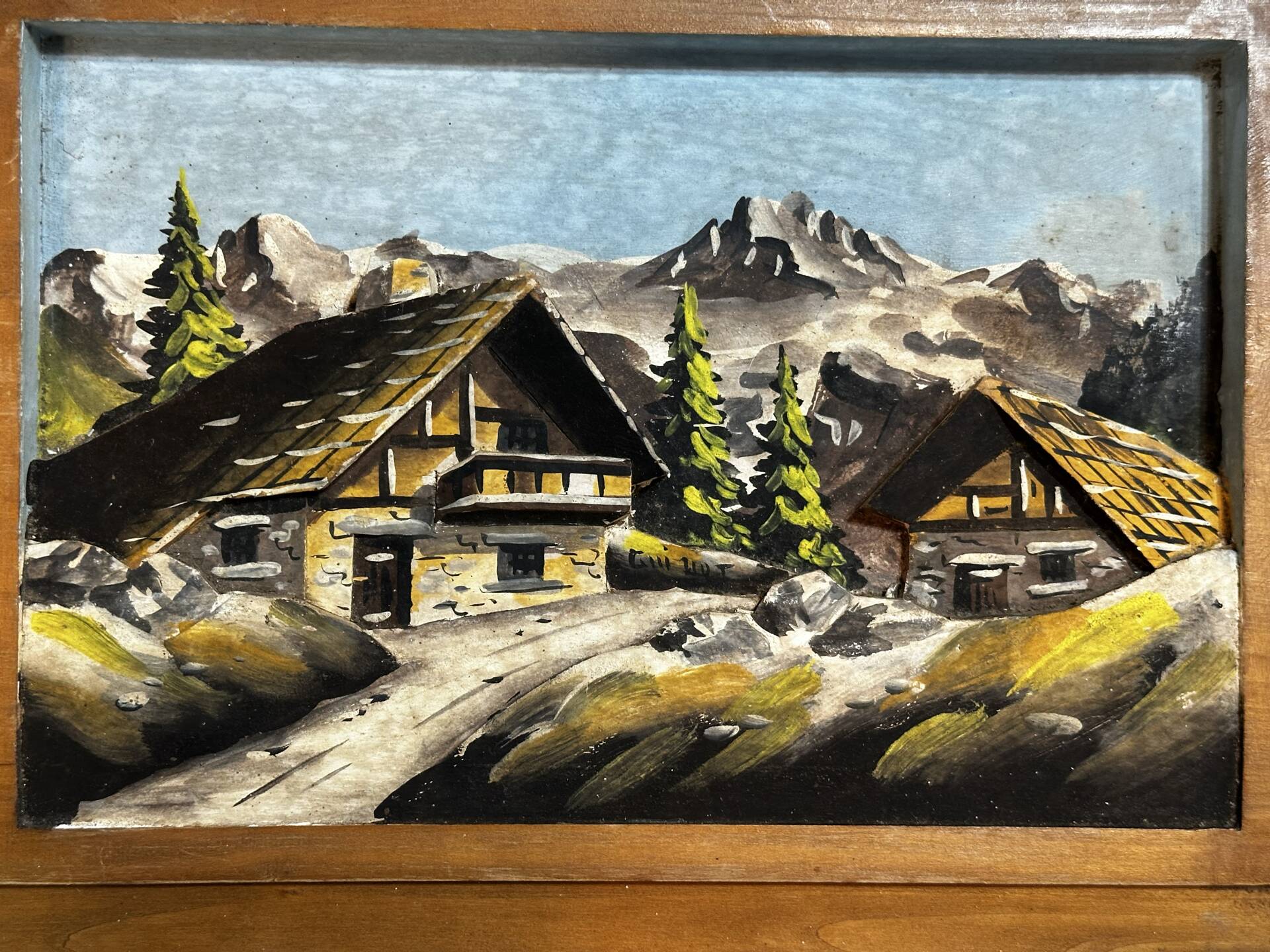Tableau alpin vintage en bois sculpté et peint