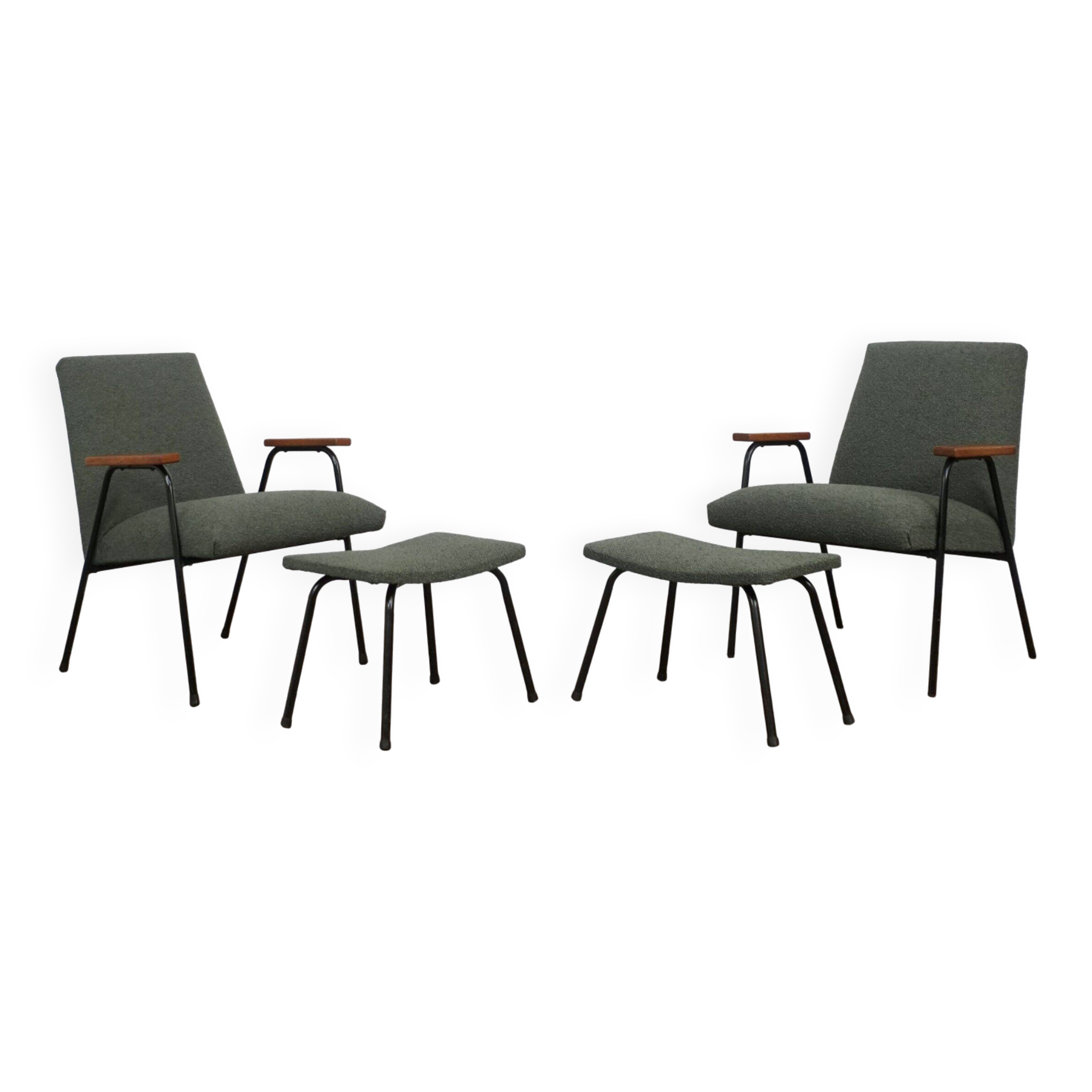 Two sets of lounge chairs with ottoman by Pierre Guariche for Meurop