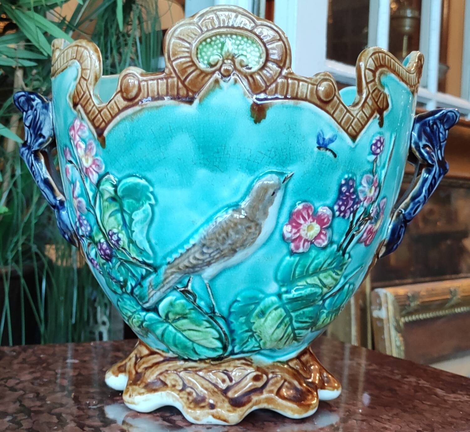 Old Cache Pot Barbotine Decor Warbler Bird Flowers Onnaing