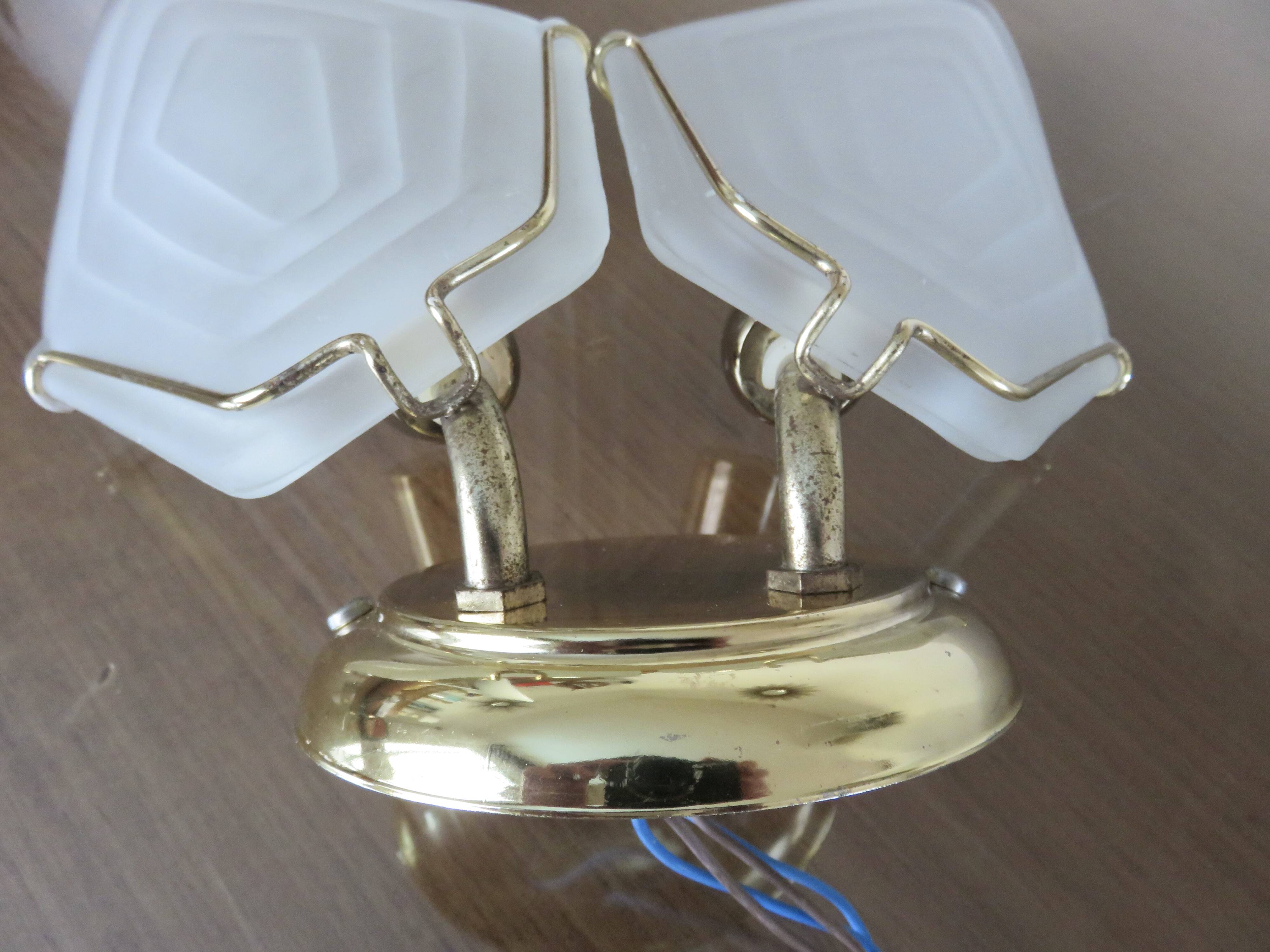 Double wall lamp in frosted glass and gold metal from the 70s