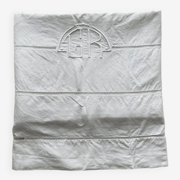 Old cotton/linen sheet hand embroidered monogram “g r”