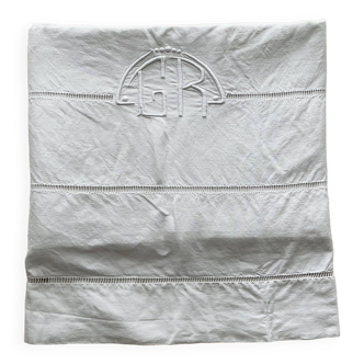 Old cotton/linen sheet hand embroidered monogram “g r”