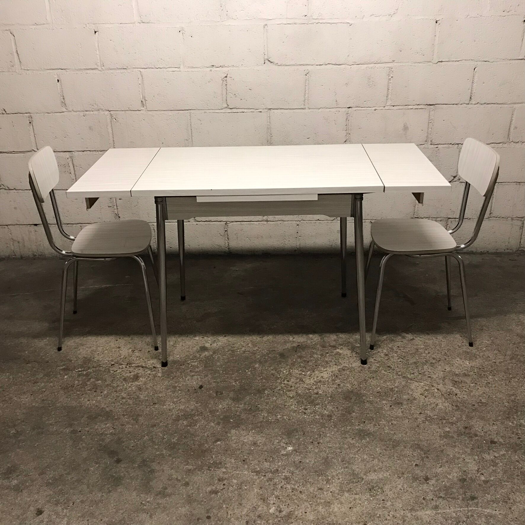 Gray strillee white formica table with 2 chairs 60s