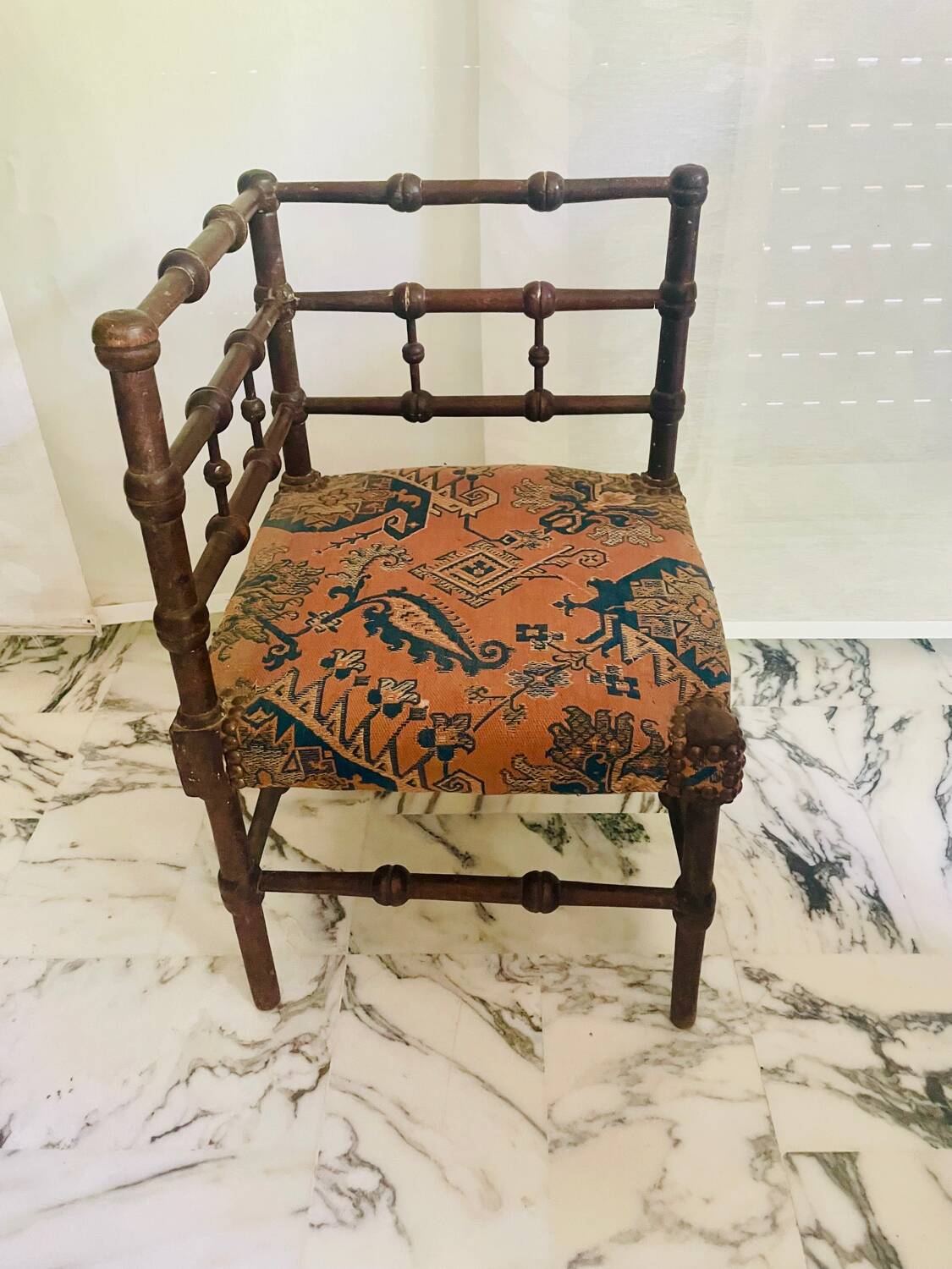 Vintage Art Deco corner chair in bobbin wood and fabric, circa 1930