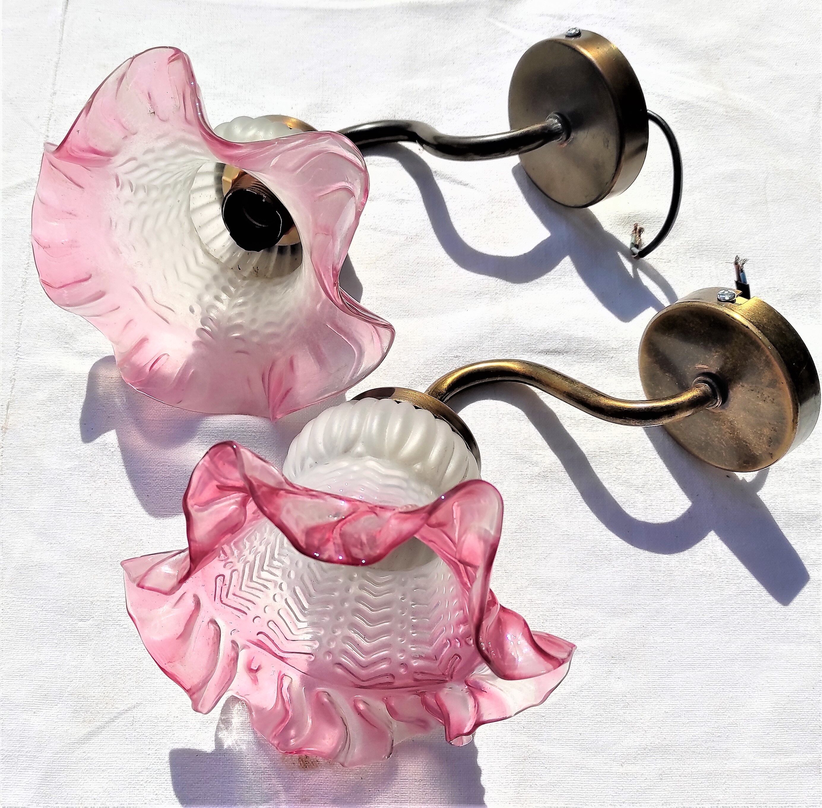 Sconces with tulip colored pink support color old gold 1 pair around 1970