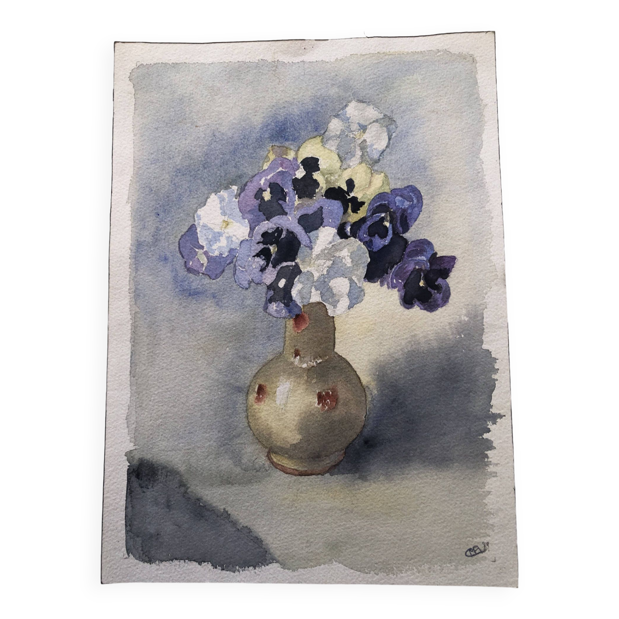 Watercolor painting potiche with pensees flowers, on paper, signed cmb or cmr, still life 1989