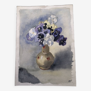 Watercolor painting potiche with pensees flowers, on paper, signed cmb or cmr, still life 1989