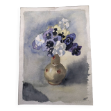 Watercolor painting potiche with pensees flowers, on paper, signed cmb or cmr, still life 1989