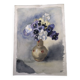 Peinture aquarelle potiche avec fleurs pensees, sur papier, signé cmb ou cmr, nature morte 1989