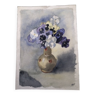 Watercolor painting potiche with pensees flowers, on paper, signed cmb or cmr, still life 1989