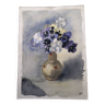 Peinture aquarelle potiche avec fleurs pensees, sur papier, signé cmb ou cmr, nature morte 1989