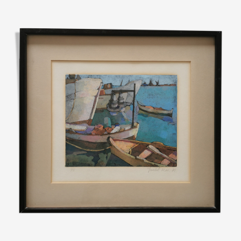 Lithographie port marina bateaux signée Isabel numérotée 1/5 tableau peinture marine