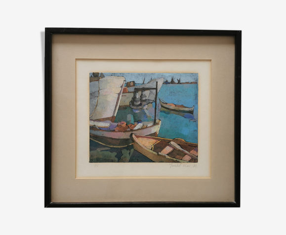 Lithographie port marina bateaux signée Isabel numérotée 1/5 tableau peinture marine