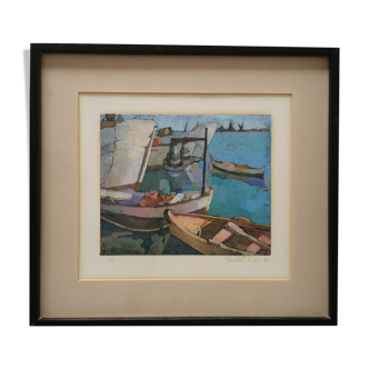 Lithography port marina boats signed Isabel numbered 1/5 painting marine painting